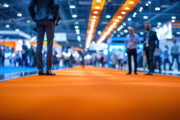A blurred background of people walking around at an international business conference Generative AI