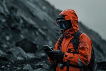 A person wearing protective gear stands in a rugged, gray, and rocky landscape. They are checking their smartphone, perhaps taking a break from their work in the unforgiving environment