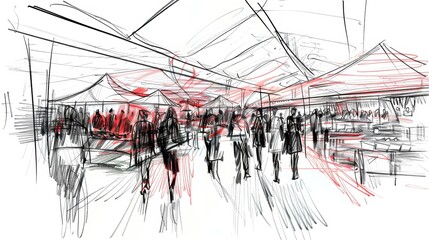 Obraz premium Hand-Drawn Sketch of a Busy Market Scene With Red and Black Accents. Generative AI