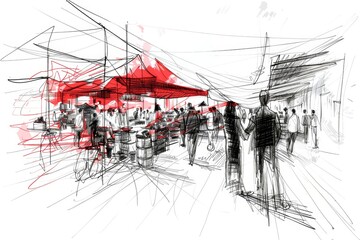 Obraz premium Hand-Drawn Sketch of a Busy Market Scene. Generative AI