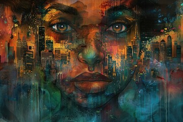 A close-up painting of a womans face, with a cityscape superimposed over her features. The vibrant colors and abstract style create a powerful image of urban life and human emotion
