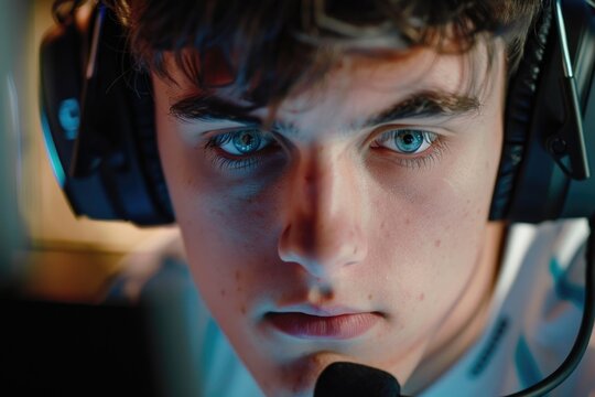 A close-up portrait of a young gamer wearing headphones, with a focused expression and striking blue eyes