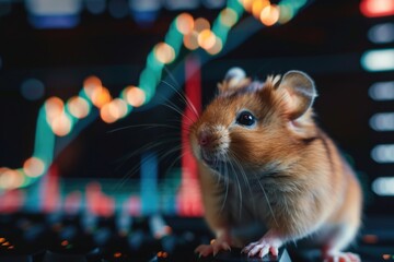 A small hamster sits in front of a glowing computer screen, seemingly watching stock market data. A green line on the screen indicates an upward trend