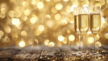 A table with four champagne glasses filled with champagne. Generate AI image