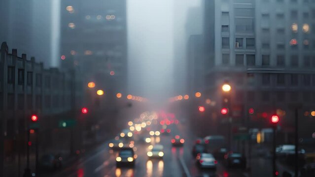 The vague outlines of city landmarks can be seen through the thick fog that envelops the streets.