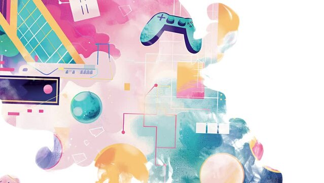 Gamification 1980s Vintage Background Illustration Ink Drop Reveal Intro Animation Video.