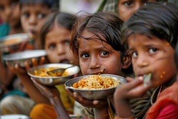 A group of young children eat a meal together, their faces filled with a mixture of hunger and hope