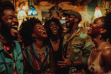 Obraz premium A group of four friends laugh together in a dimly lit bar, enjoying each others company