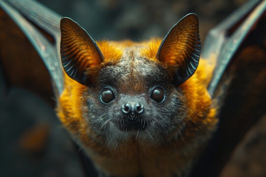 High-resolution close-up photograph capturing intricate details of a bat's face, showcasing its large eyes and unique fur texture against a blurred background