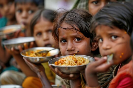 A group of young children eat a meal together, their faces filled with a mixture of hunger and hope