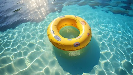 Obraz premium Concept: summer vacation near the water. A yellow inflatable ring floats in the turquoise water at sea.