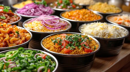 Fototapeta premium An array of vibrant, freshly prepared dishes including rice, pasta, and vegetables beautifully arranged in gleaming bowls at a diverse buffet spread