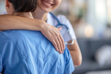 A healthcare worker embraces a colleague, offering comfort and support in a hospital setting