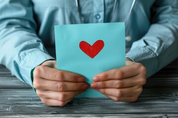 A persons hands holding a blue card with a red heart drawn on it, conveying a message of love and care