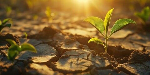A dramatic sunset over cracked earth, with the sky painted with hues of orange and pink as the sun sets over the dry ground. This illustrates the concept of climate change, drought and global warming.