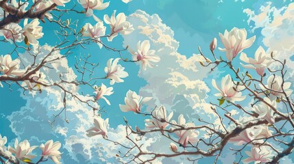 Springtime view of magnolia tree canopies
