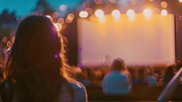 Amidst the gentle buzz of the night the outdoor movie screen glows softly beckoning the audience to relax and unwind.