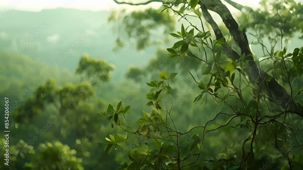 Poster hazy treetop view providing a tranquil and immersive experience in the midst of adventure.