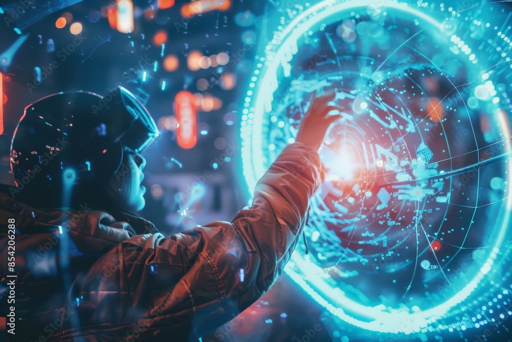 Fototapete a person in a virtual reality environment interacts with an advanced, holographic interface displayi