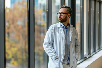 Fototapeta premium Male doctor standing at hospital and looking through window