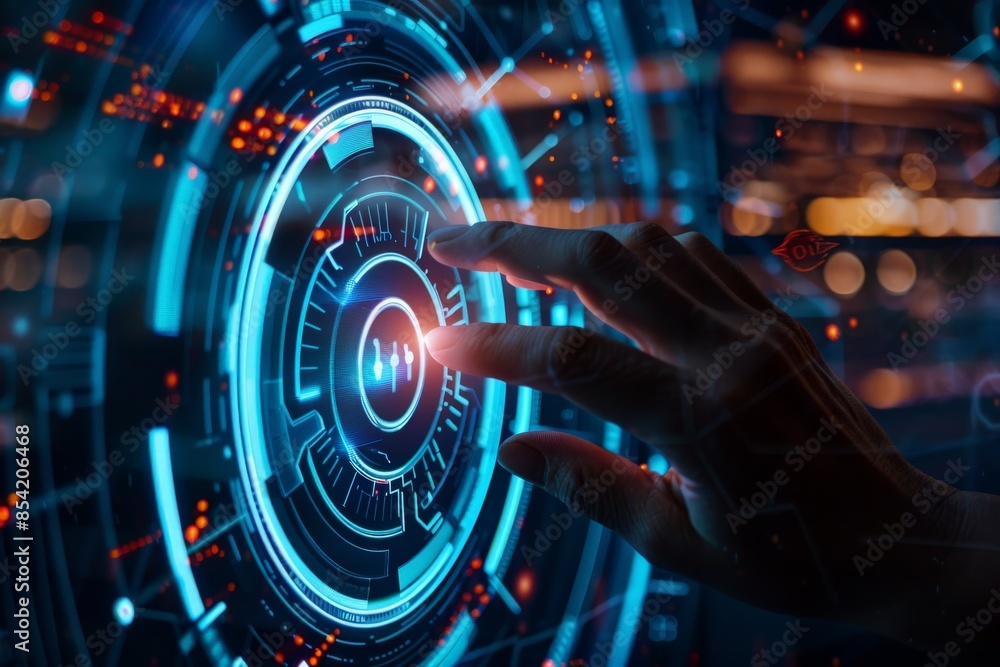 Aufkleber a hand engaging with a high-tech digital interface featuring futuristic holographic elements