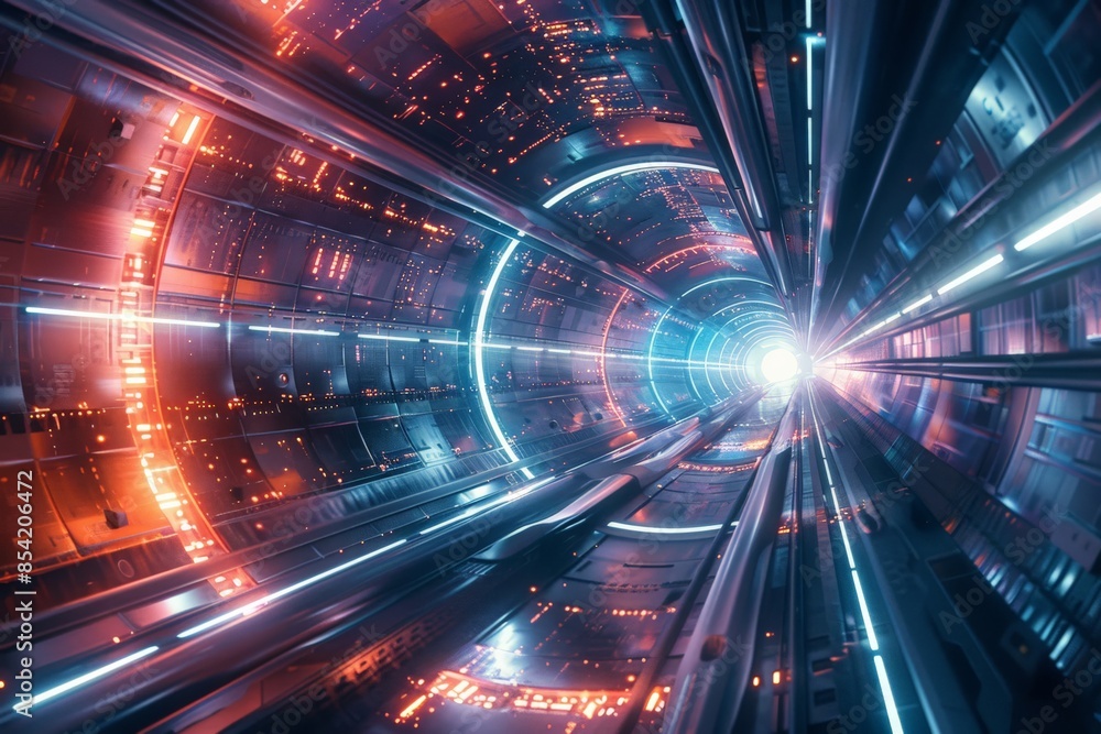 Aufkleber A captivating view of a futuristic tunnel with vibrant red and blue dynamic lighting and a vanishing point