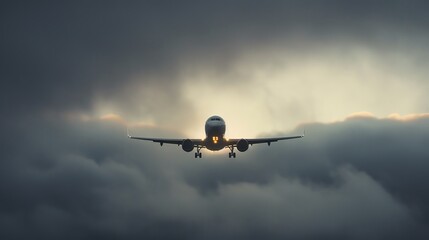 Naklejka premium Airplane flying through dramatic clouds at dusk, highlighting the powerful and majestic nature of air travel against the evening sky.