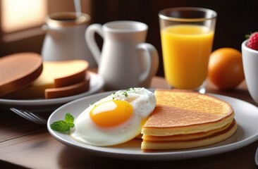 Fototapeta premium Healthy breakfast with pancakes, eggs, toasts, fruits and juice