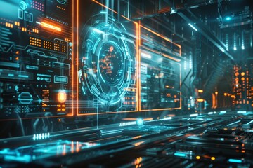 An intricately designed futuristic corridor illuminated with neon lights and a central holographic interface