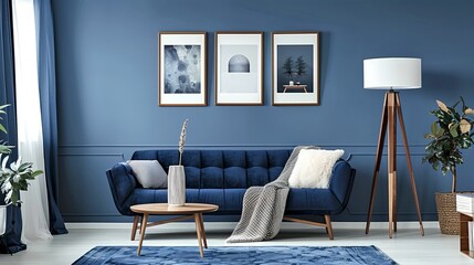 Modern living room interior with blue furniture and decor. Elegant, stylish apartment with framed art on the wall and a cozy vibe. Crafted for interior decoration inspiration and design purposes. AI