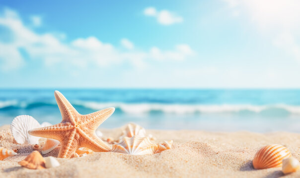 Shells and stars on sand beach. with sea and blue sky background