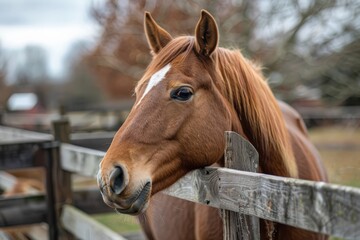 Fototapeta premium A curious brown horse peers over a wooden fence with out-of-focus farm buildings in the background