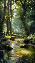Obraz premium Tranquil Forest River with Sunlit Foliage and Submerged Rocks in a Serene Natural Setting