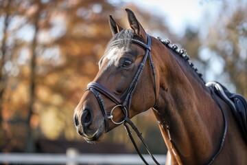Fototapeta premium An elegant show horse with bridle stands solemnly in the sunlight with autumn trees in the background