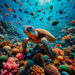 Obraz premium Sea turtle on a coral bank in the red sea