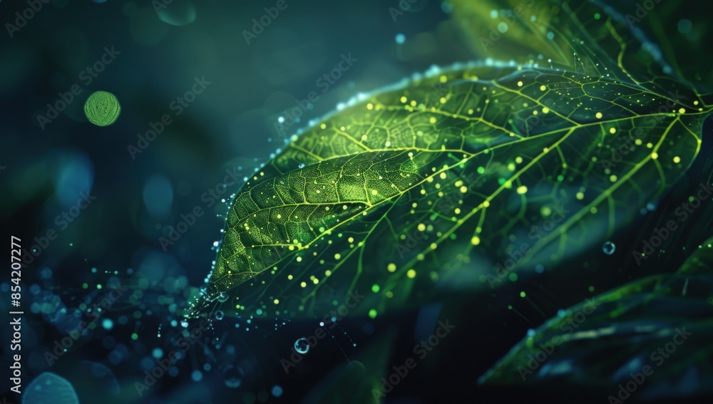 Poster a leaf with a green glow on it. generate ai image