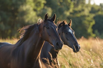 Obraz premium The image captures two horses side by side in golden-hour light, highlighting their glossy coats and elegant features