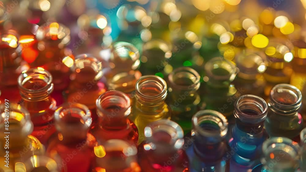 Aufkleber defocused containers of various oils tered across a table creating a colorful mosaic of scents.