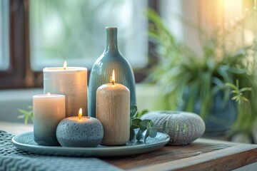 Calm and serene home setting with lit candles and spa items suggesting relaxation and self-care