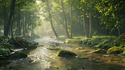 Tranquil Forest River with Sunlit Foliage and Submerged Rocks in a Serene Natural Setting