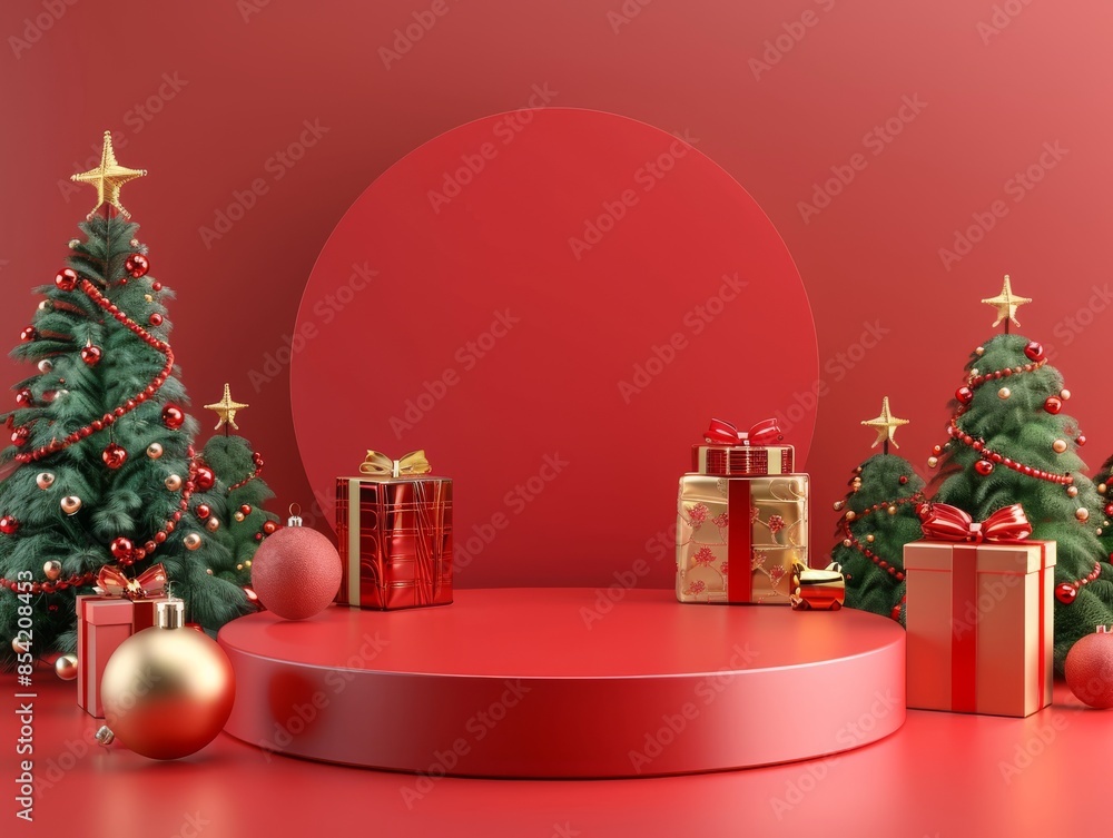 Poster background with red podium and gift boxes. 3d rendering. stock.