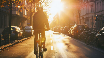 Catching the last rays of sunlight while cycling through the city