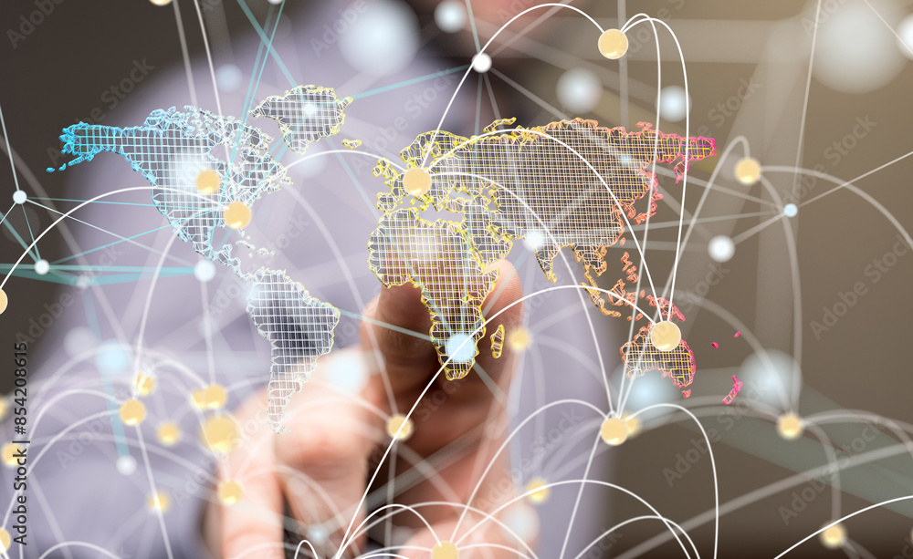 Poster Global network. Blockchain. 3D illustration. Neural networks and artificial intelligence. Abstract