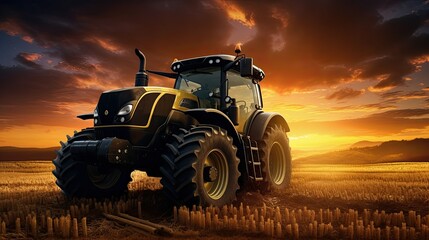 Fototapeta premium A tractor in a field with a sunset 