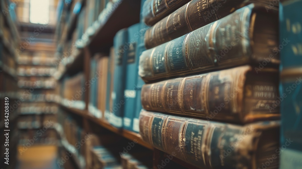 Aufkleber the old bookshelf in a library with stacks of old books.