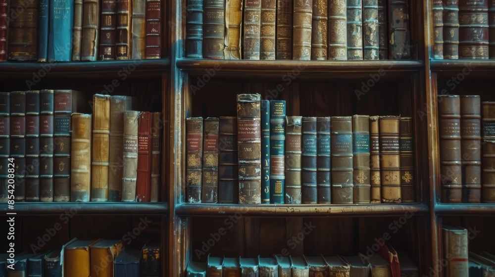 Aufkleber an old bookshelf with stacks of old books in a library. ai generated by machine learning.