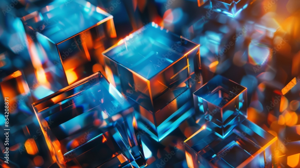 Poster in the background, there are glowing red and blue cubes. an abstract dark background with 3d renderi