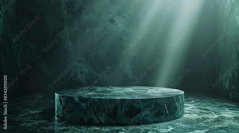 Poster 3d rendering of a green marble podium with spotlights in a dark room powered by artificial intellige
