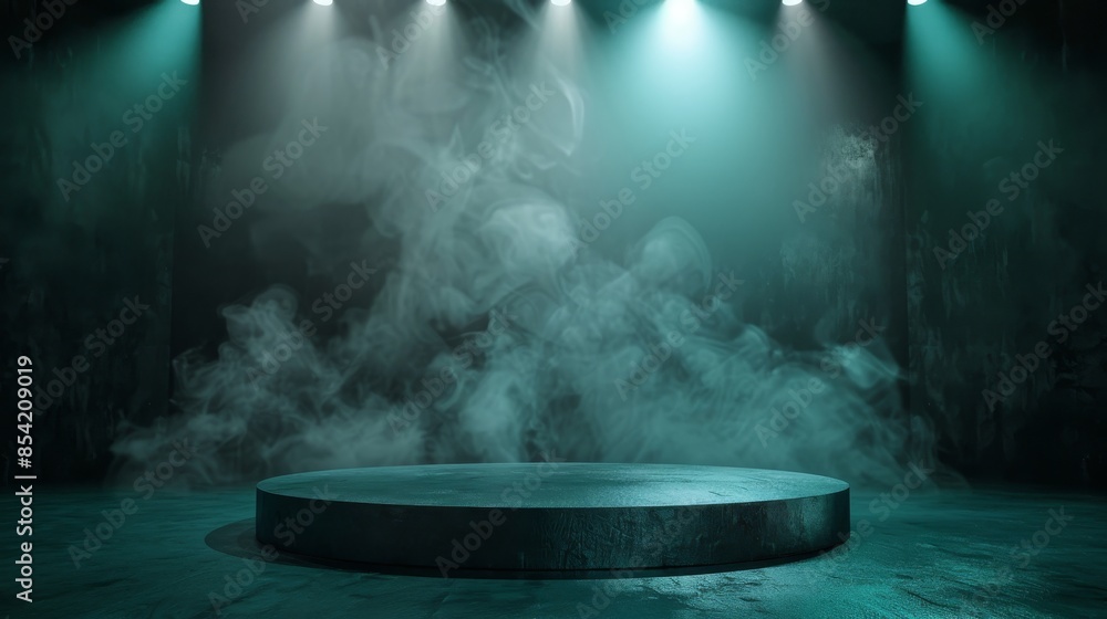 Poster a 3-d rendering of a round podium in a dark room with smoke. using artificial intelligence (ai) to g