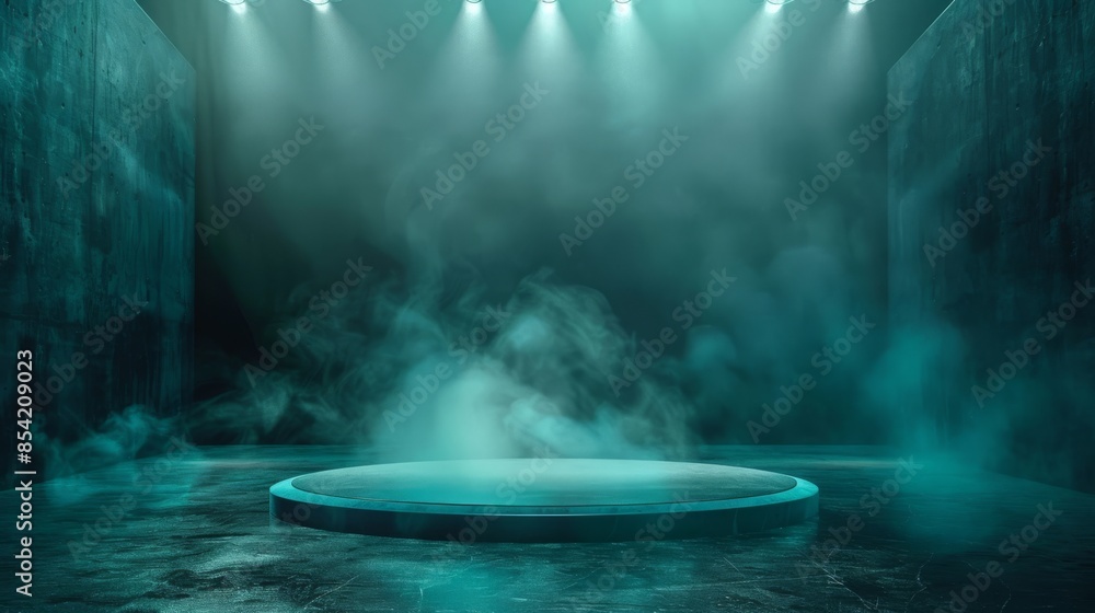 Poster the rendering is of a round podium in a dark room covered with smoke. stock created this.